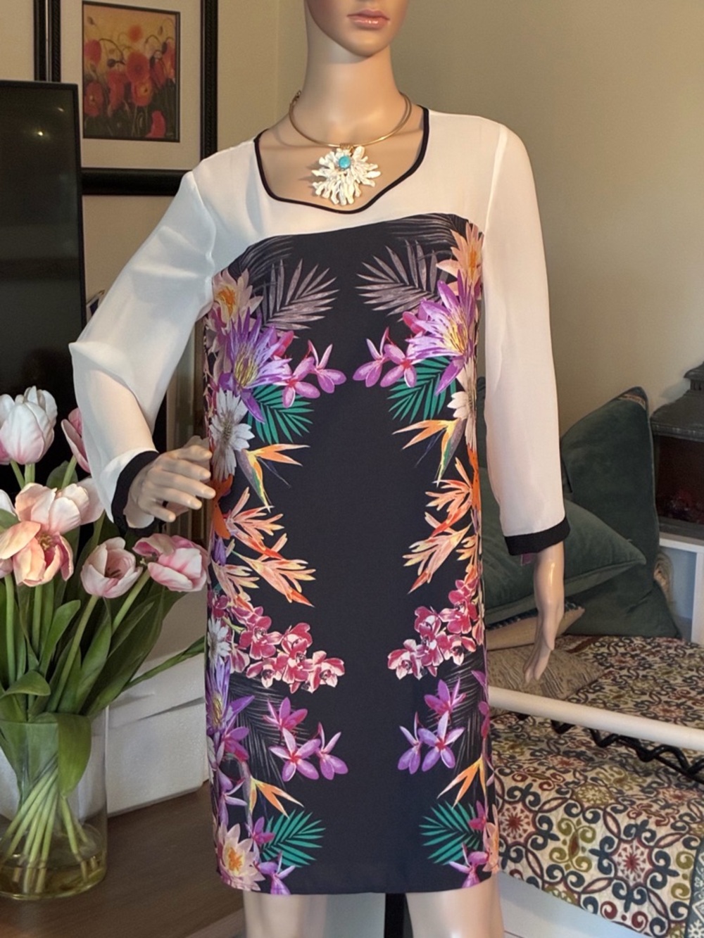 Collective Concepts Black Floral-Panel Midi Dress with White Sleeves